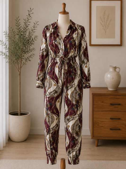 burgundy elegance printed jumpsuit (large)