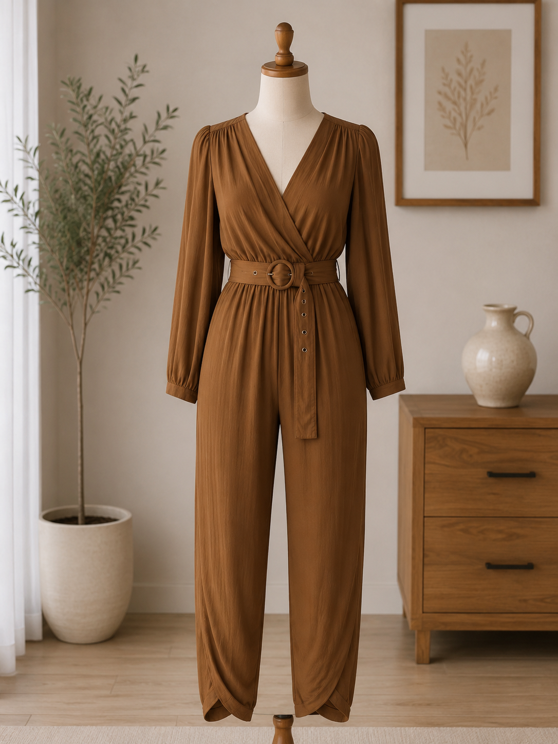 mocha elegance belted jumpsuit